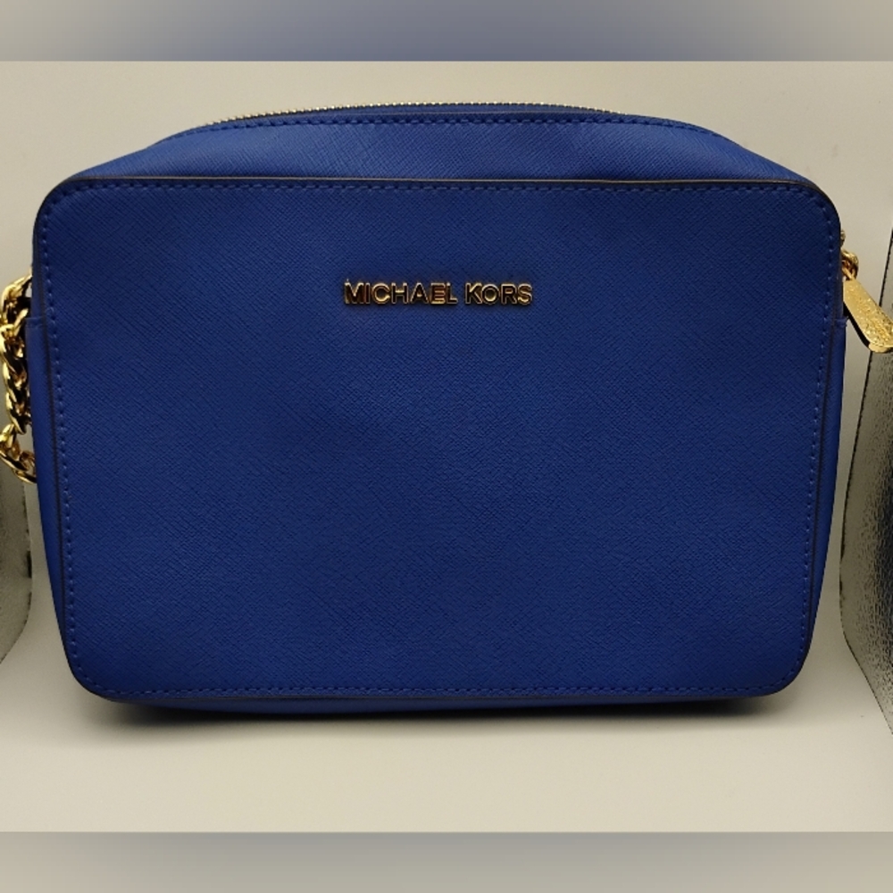 MK Blue Crossbody Bag with Gold Accents As Part Of The Strap Very Stunning Bag - Picture 3 of 5